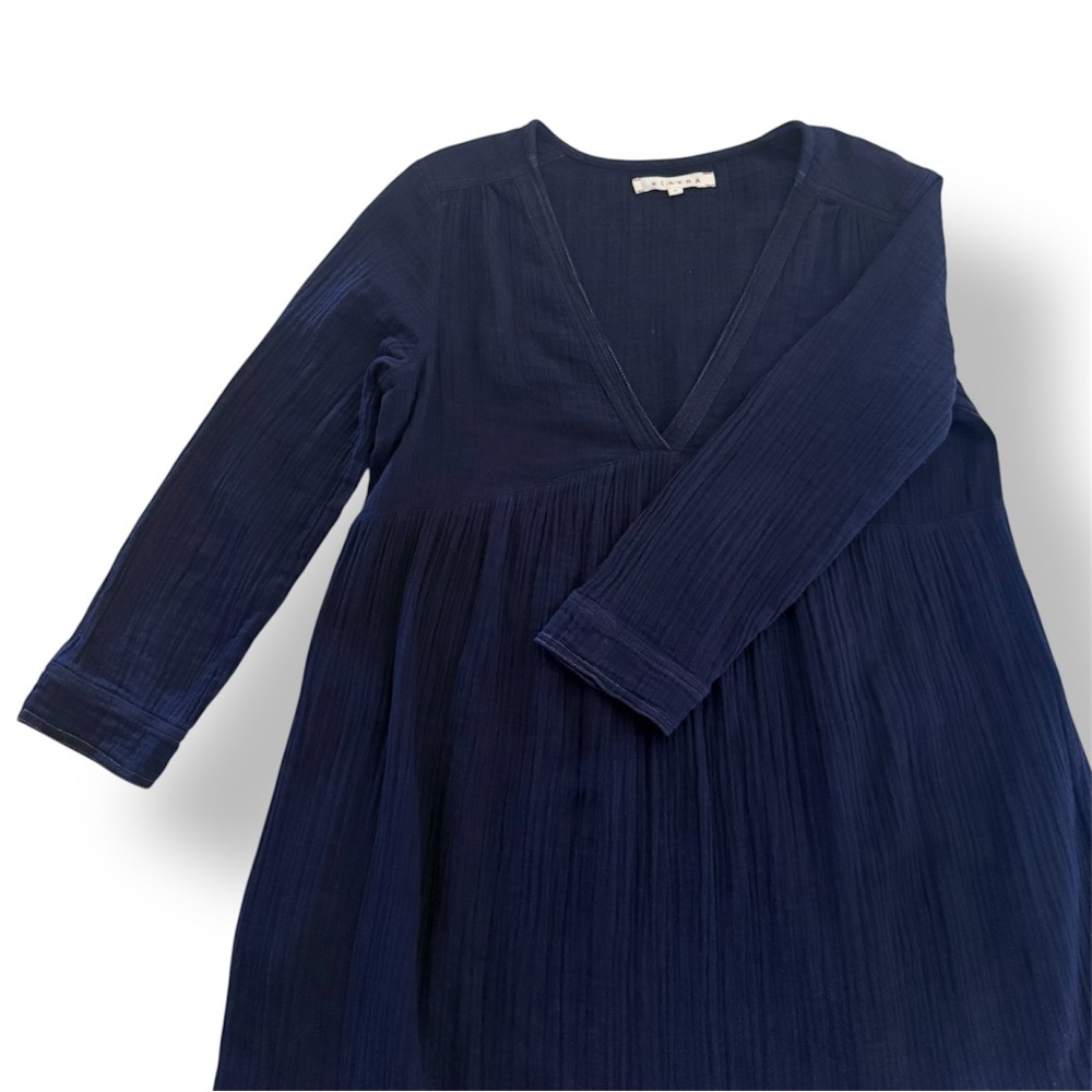 XiRENA Navy Gauze Cotton Crinkle Dress Size Small Boho V-Neck Tiered Midi - Picture 6 of 9